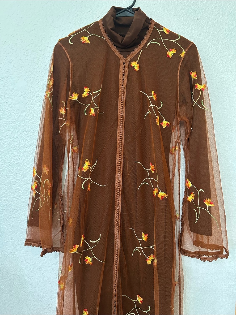 Sheer Brown Floral Embroidered Long Dress